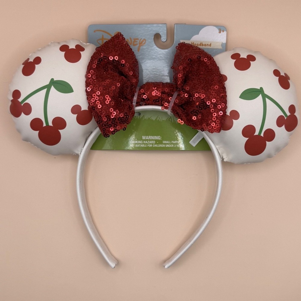 Disney Minnie Mouse Cherry Headband Red Sequin Bow White Mickey Ears MM4063 NWT